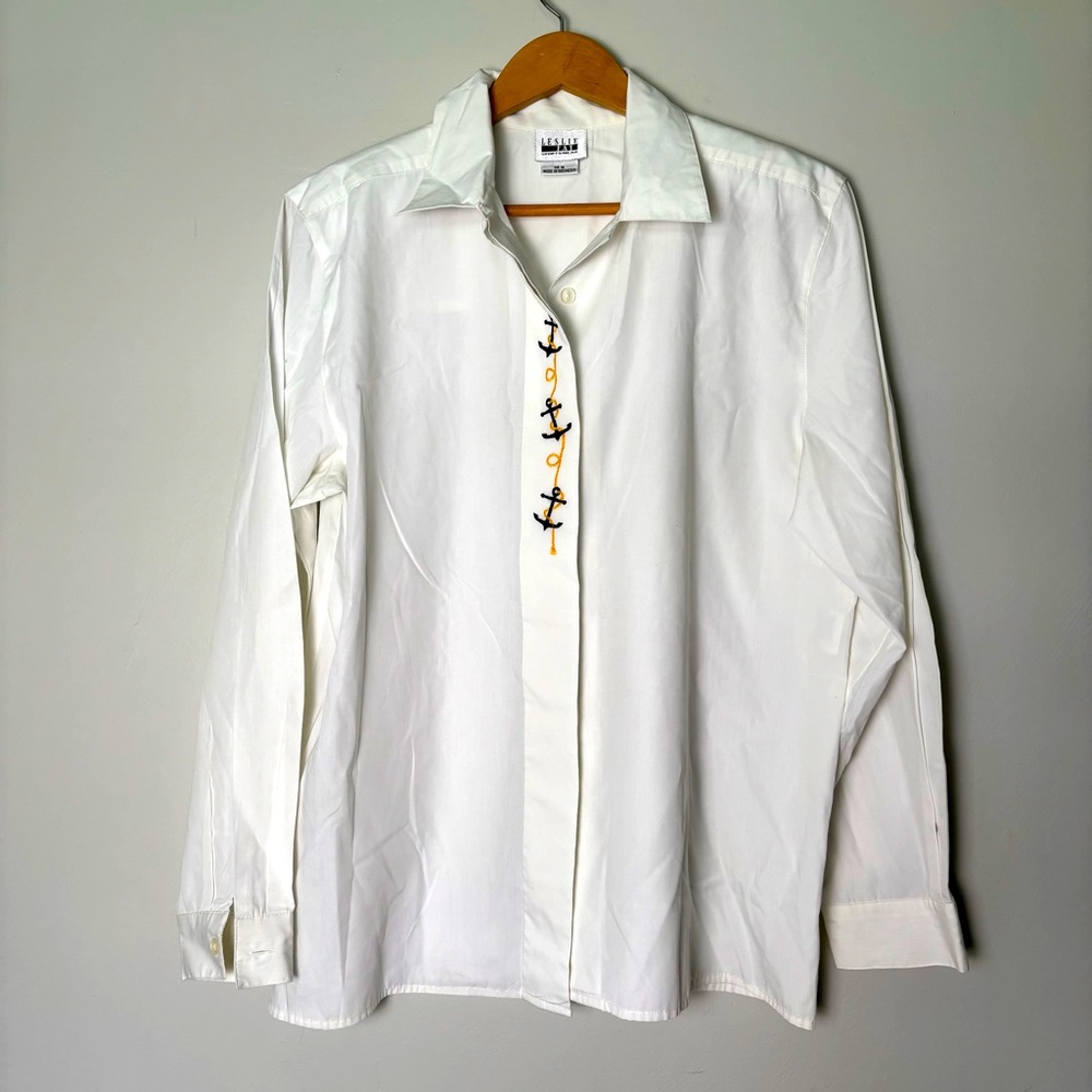 VTG  Leslie Fay Embroidered Anchors/Rope Long Sleeve Button Down Shirt-Size 16